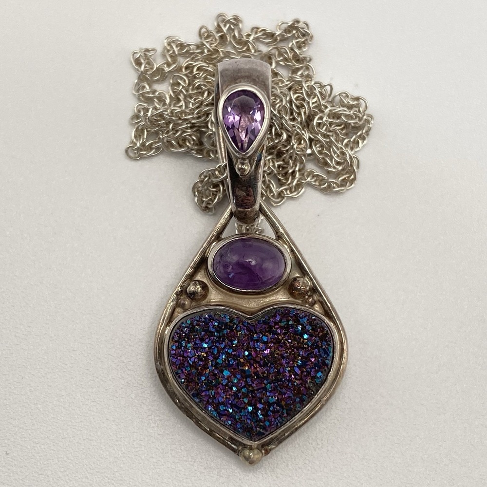 Sajen Sterling Silver Necklace Vintage Heart Amethyst Druzy Purple 17.5"